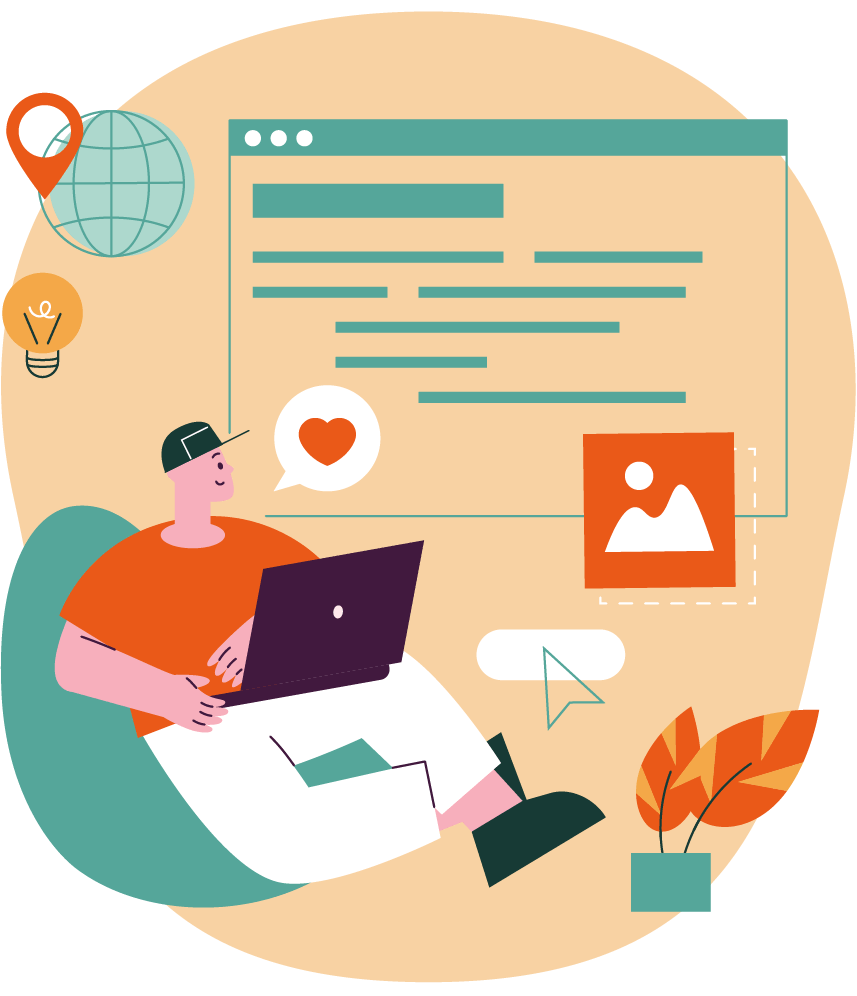 Person sitting in a teal chair using a laptop with a globe location pin and UI elements on an orange background Visie vangen methode ontdekking van vangen tot realisatie Hoe je je visie vangt in plaats van bedenkt Jannis legt zijn visie vangen methode uit vangen duiden dragen én realiseren Praktisch en direct toepasbaar