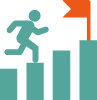 Stylized runner ascending teal bars toward an orange flag symbolizing progress toward a goal Visie vangen methode ontdekking van vangen tot realisatie Hoe je je visie vangt in plaats van bedenkt Jannis legt zijn visie vangen methode uit vangen duiden dragen én realiseren Praktisch en direct toepasbaar