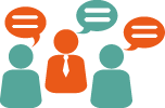 Three people in teal and orange are chatting with speech bubbles above them indicating a discussion or meeting Visie vangen methode ontdekking van vangen tot realisatie Hoe je je visie vangt in plaats van bedenkt Jannis legt zijn visie vangen methode uit vangen duiden dragen én realiseren Praktisch en direct toepasbaar